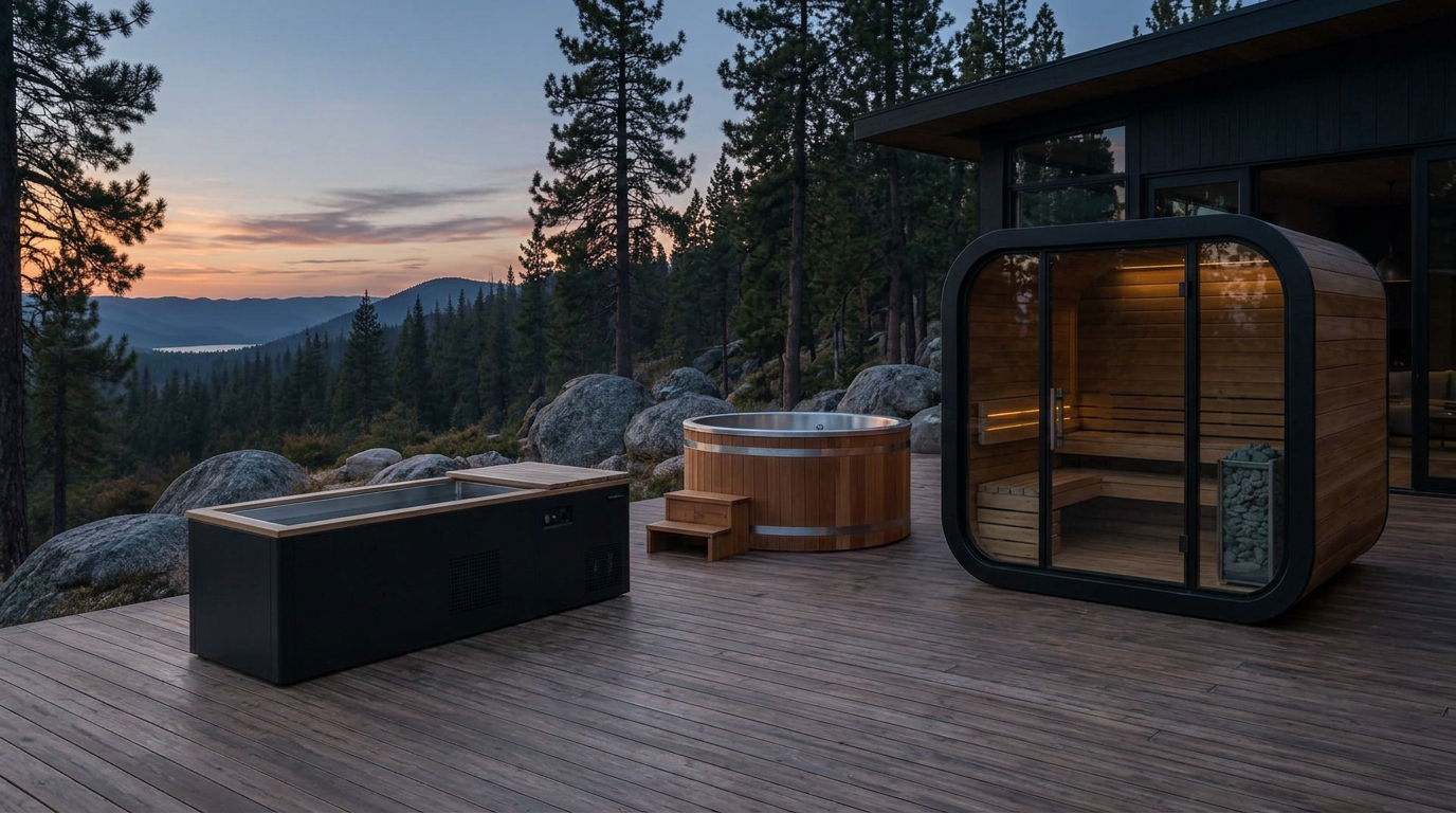 Mountain home deck at dusk with the Eleva collection