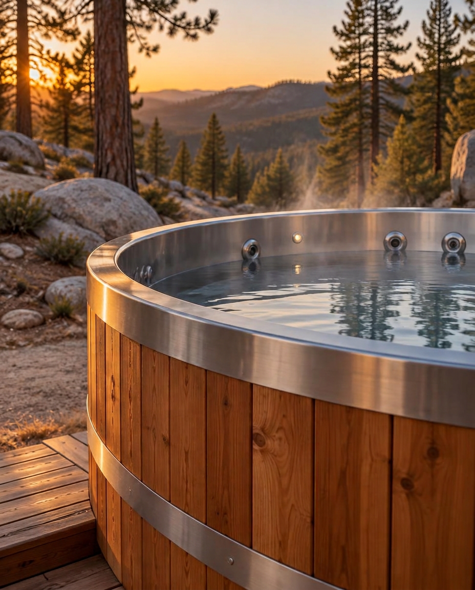 Detail of the hot tub's Thermowood staves, steel band and stainless interior rim
