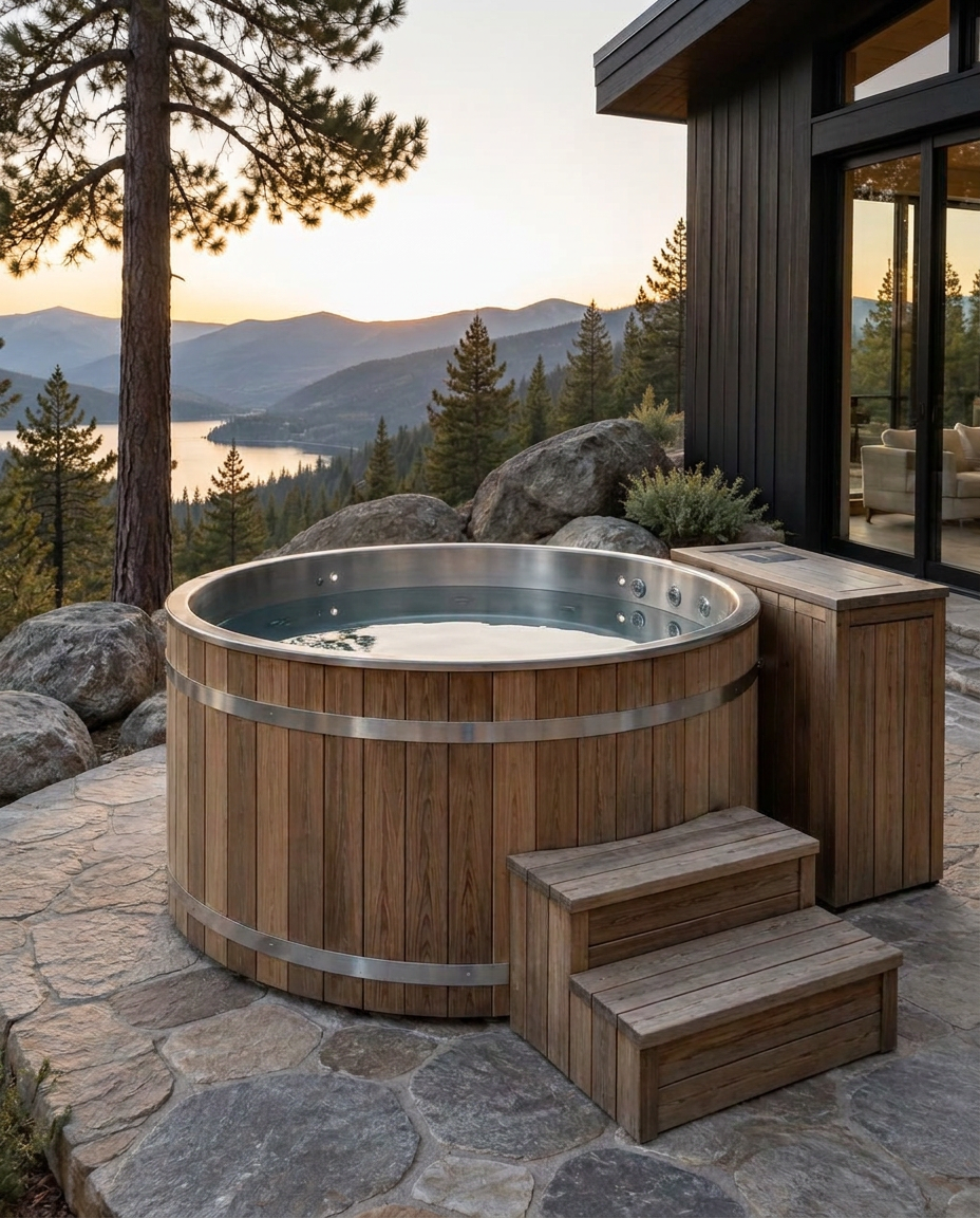 Round Thermowood clad hot tub with brushed steel bands and stainless interior steaming on a stone terrace at sunset