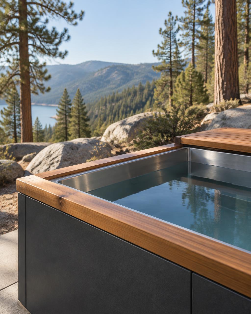 Detail of the cold plunge — Thermowood rim meeting the stainless basin above the charcoal cabinet