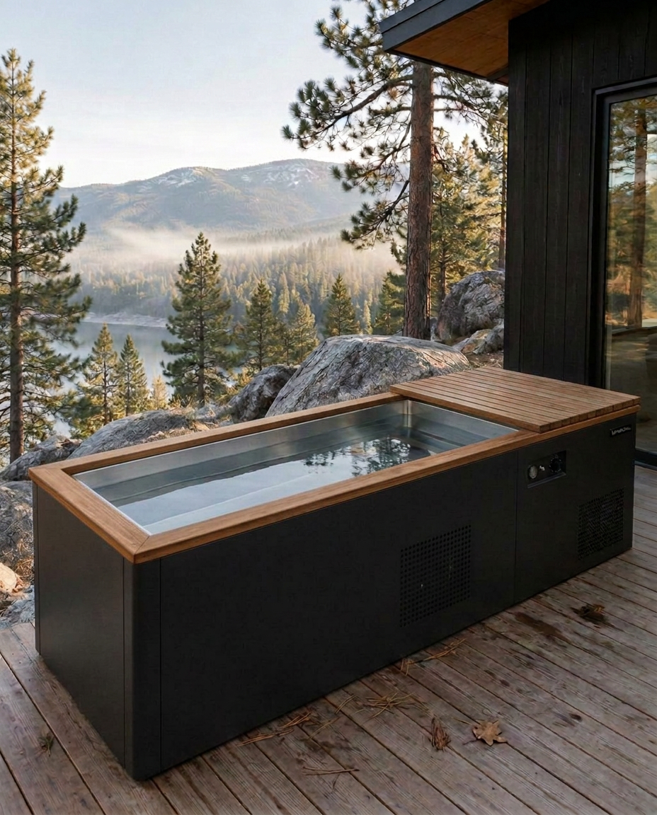 Full-length cold plunge with charcoal insulated cabinet, stainless basin and Thermowood rim on a mountain deck