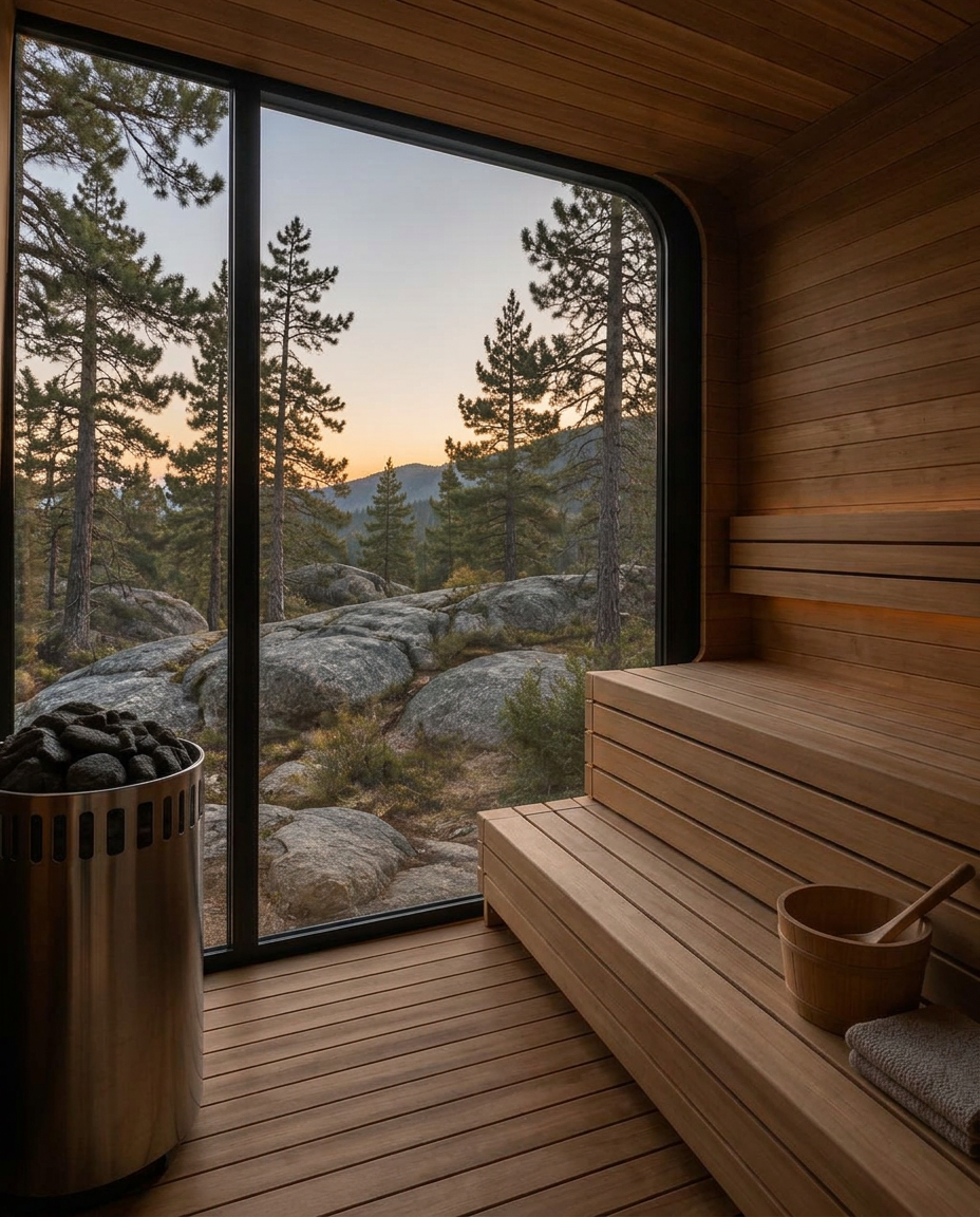 Interior of the Eleva sauna — timber benches, stainless heater and a full-glass view to pine forest
