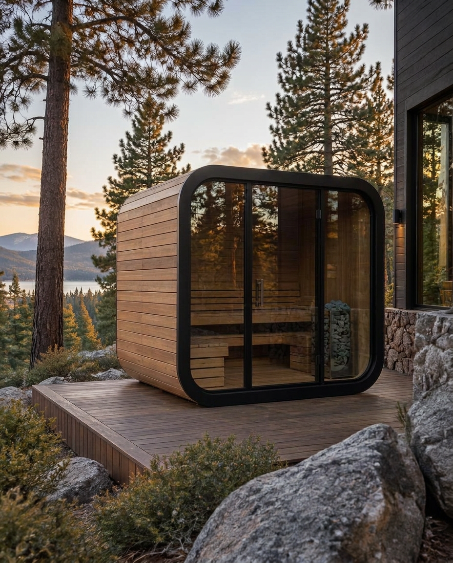 Rounded-capsule Thermowood sauna with black-framed glass front glowing amber on a mountain deck at dusk